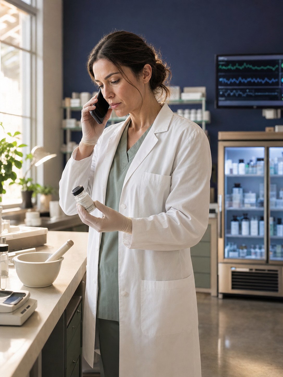 A QuantifyRx pharmacist on the phone with a patient, reviewing a specialty prescription